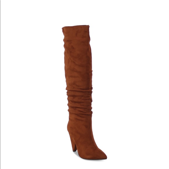 Women’s Cone Heel Knee High Slouchy Boot with Pointed Toe in Camel Faux Suede - Picture 2 of 14